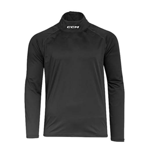 CCM Hockey-Kompressionsshirt mit Halsschutz, langärmlig, schnittfest, für Jugendliche, Schwarz, Junior Small / 8.5"-10.5" Neck Size