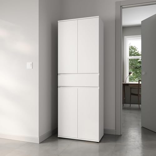 Schrank 60 cm breit mit 4 Türen & Schublade, Vielseitiger Aufbewahrungsschrank Mehrzweckschrank mit 3 Einlegeböden, Schmaler Schrank für Haushalt, Büro, Flur, Schlafzimmer, 64x34x180 cm (BxTxH), Weiß