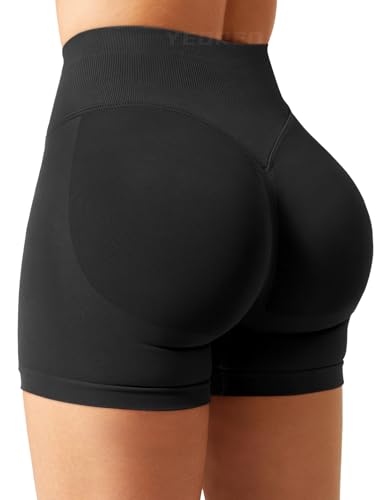 YEOREO Damen Sport Shorts Invisible Scrunch Butt Lifting Gym Workout Shorts 4.5" Seamless Kurze Leggings Damen Push Up Booty Biker Shorts Schwarz M