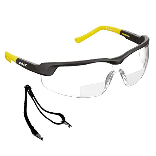 voltX GT Adjustable Bifokale Lesen Schutzbrille (KLAR +2.0 Dioptrie) CE EN166FT, Anti Beschlag Beschichtung, anpassbarer Bügel, Kratzfest, UV400 Schutz.