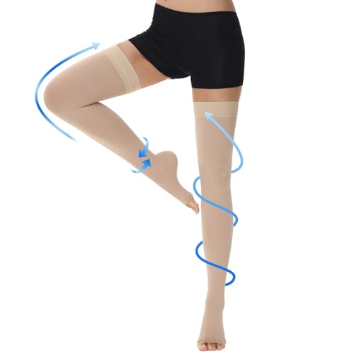 Ailaka 20-30 mmHg Medizinische Kompressionsstrümpfe für Frauen und Männer, offene Zehen Oberschenkelhohe graduierter Kompression mit Silikonband für Krampfadern, Ödeme, nach der Operation