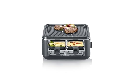 SEVERIN Mini Raclette-Grill für 4 Personen, kleines Raclette mit antihaftbeschichteter Grillplatte, Extra Tiefe Pfännchen, Kompakter Tischgrill, 800W Leistung, Black Line, RG 2360