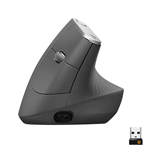 Logitech MX Vertical, Ergonomische Kabellose Maus, Bluetooth und 2.4 GHz Verbindung via Unifying USB-Empfänger, 4000 DPI Sensor, Wiederaufladbarer Akku, 4 Tasten, Multi-Device, PC/Mac/iPadOS - Graphit