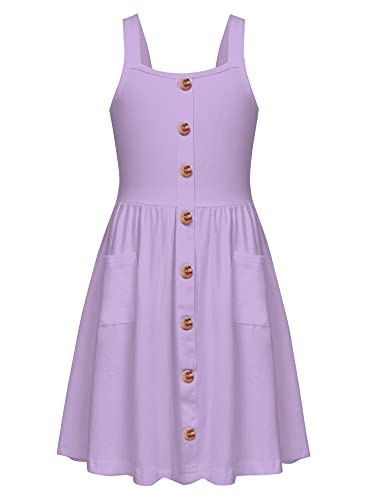 Arshiner Mädchen Kleider Ärmelloses Kinderkleid Knopfleiste Trägerkleid Sommer Baumwolle Swingkleid Festliches A-Linie Freizeitkleid Elegant Kleid für Mädchen 9-10 Jahre Lila