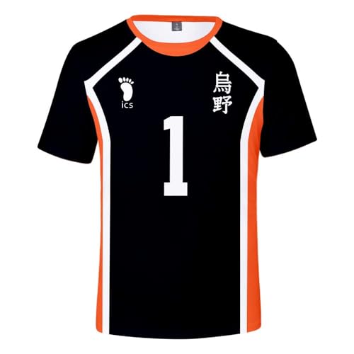 Anime Haikyuu T-Shirt Volleyball Team Jersey Cosplay Karasuno High School Volleyball Team Tees Kurzarm Tops für Kinder Schüler, schwarz 1, 120
