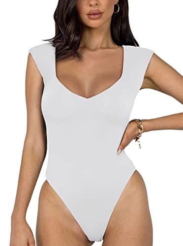 REORIA Damen sexy lässiger doppelt gefütterter ärmelloser Schlankheits Body mit V-Ausschnitt Shapewear Formende Bodys Weiß S