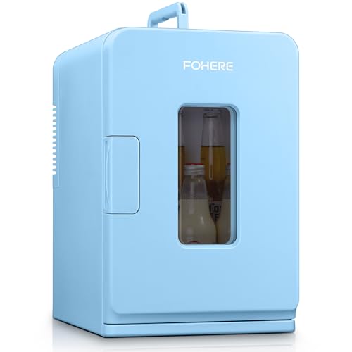 FOHERE 2 in 1 Mini Kühlschrank, 15L Kühlschrank für Zimmer mit Kühl- und Heizfunktion, DC/AC für Autos, Büros und Wohnheim, ECO-Low-Noise-Modus, für Kosmetik und Getränke (Blau)