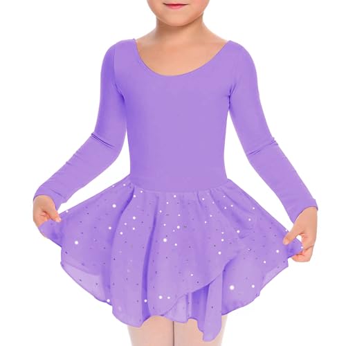 ALISISTER Kinder Ballettkleidung 4-5 Jahre Mädchen Violett Ballettkleid Langarm Ballettanzug Glitzer Tanzkleid Baumwolle Ballett Trikot Mit Chiffon Rock Tütü