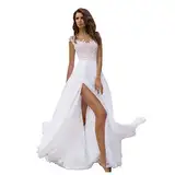 Abendkleider Brautkleid Lang Mit Schlitz Spitze Abendkleider Elegant Für Hochzeit V Ausschnitt Ärmellos Hochzeitskleid A Linie Brautkleider Hohe Taille Elegant Festliche Kleider Für Damen Weiß