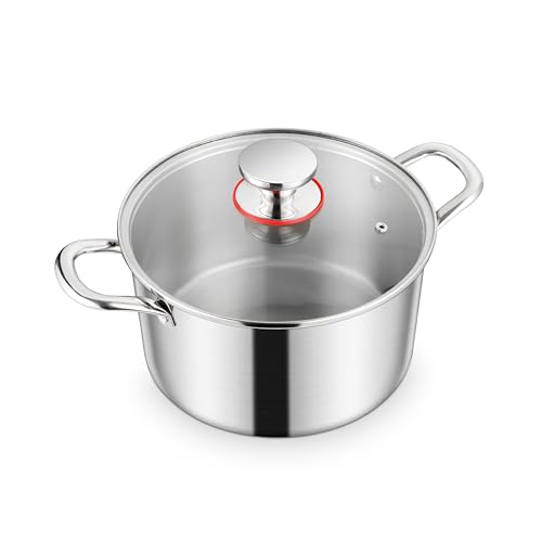Homikit 20cm Kochtopf, 3-Lagen Edelstahl Suppentopf Induktion mit Glasdeckel, 3,3L Nudeltopf Fleischtopf für alle Herdearten, Edelstahl Poliert & Unbeschichtet, Gesund, Spülmaschinenfest