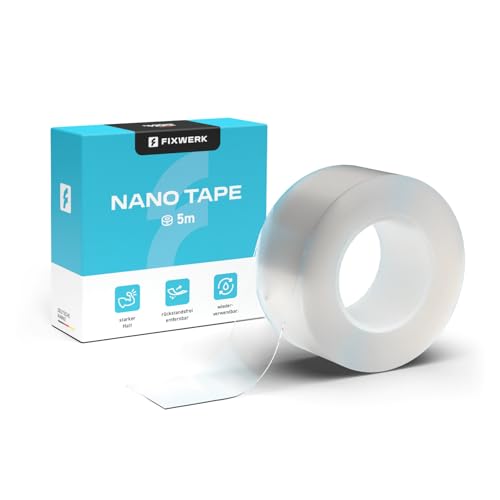 FIXWERK Nano Tape | transparentes Klebeband mit extra starker Haftung | wiederverwendbar | wasserfest | durchsichtiges Mehrzweck Klebeband für Heim, Schule und Büro (Einseitig)