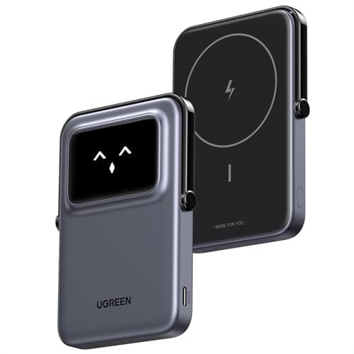 UGREEN UNO Wireless Power Bank 5000mAh Magnetische Powerbank mit faltbarem Ständer und TFT-Display, 20W USB-C Schnellladung & 7.5W kabellos Magsafe kompatibel mit iPhone 16-12 Serie(Schwarz)