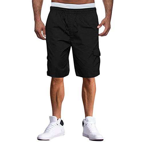 Cargo Herren Hose Männlicher Sommer, gerade, solide Cargo-Hose, Kordelzug, kurze Hosen, kurze Hosen Herren Cargohose Trainingshose (Black, L)