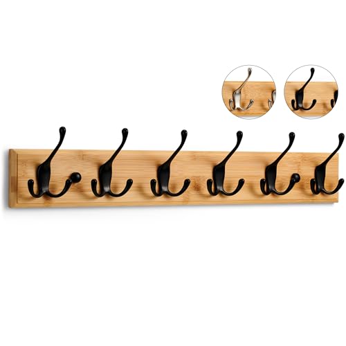 LARHN Garderobenhaken Holz - Garderobenleiste Holz mit 6 Haken in Schwarz - 59 cm - Kleiderhaken Wand - Wandgarderobe für Flure, Garderoben, Schlafzimmer und Badezimmer