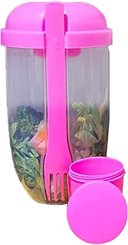 Qklovni Frischesalat-Behälter-Set, 1000 ml, großes Fassungsvermögen, tragbarer Obst- und Gemüsesalatbecher, Behälter mit Gabel und Salatdressing-Halter, 1/4er-Pack, Rosa