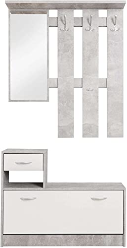 Vera Garderobe mit Spiegel weiß matt - Kompaktgarderobe Korpus Beton Optik - 100 x 190 x 26 cm (B/H/T)