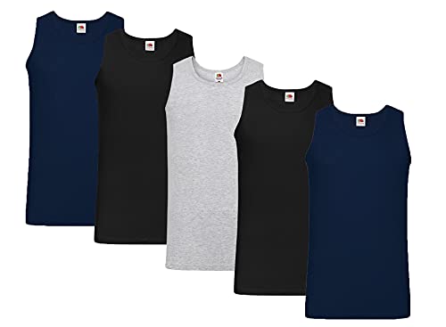 Fruit of the Loom 5er T Shirt Athletic MUSKELSHIRT M L XL XXL 3XL 4XL UNTERHEMD Tank TOP, 2xSchwarz 2xDeepNavy 1xGrau + 1 HL-Kauf Notizblock L