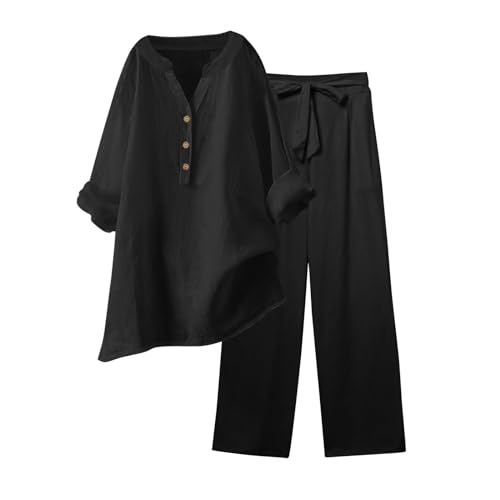 QWUVEDS Sommerlicher Damen-Freizeitanzug Leinen 2-teiliges Damen-Outfit, weites Bein, Bluse, Taschen, elastische Hose, lässiges V-Ausschnitt-Hemd, Hose, modische Streetwear Kurz Damen (2-Black, XXL)