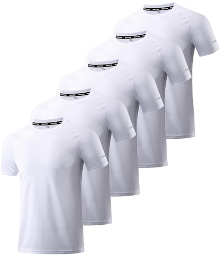 5er Pack Sportshirt Herren, Funktionsshirt Herren Kurzarm T-Shirt Schnelltrocknend Atmungsaktiv Sportshirt Sommer Laufshirt Fitness Shirt Trainingsshirt Sportbekleidung für Herren White-5P05-L