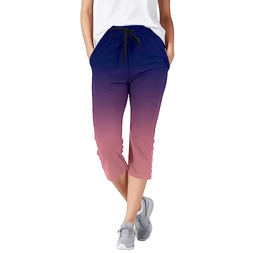 Hosen Damen Locker 3/4 Lässige Damenhose mit soliden Taschen, elastischem Gürtel Taille, mittellange Hose Sommer Hose Damen Outdoor Leggings Damen (Purple, M)