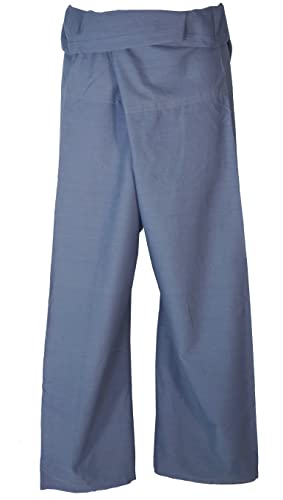 GURU SHOP Thai Fischerhose aus Fester Baumwolle, Wickelhose, Yogahose, Unigröße, Herren/Damen, Uni Taubenblau, Size:One Size