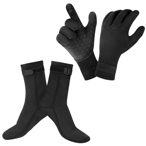AUAUY Neopren Tauchhandschuhe und Socken, Unisex 3 mm Warme Tauchhandschuhe und Tauchsocken, Flexibel Neoprenanzughandschuhe und -socken mit Anti-Rutsch Partikeln für Swimming Surfing Tauchen-M