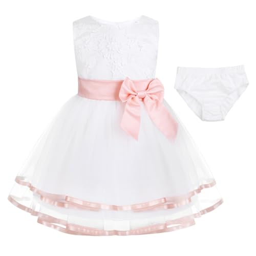 iixpin Babybekleidung Baby Mädchen Prinzessin Hochzeit Taufe Kleid Tüll Partykleid Blumenmädchenkleid Taufkleid mit Baumwollhose Festzug Kleidung Perle Rosa 80-86