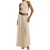 Geagodelia Damen Zweiteiler Sommer Hosenanzug Elegant Outfits Kleidung 2 Teiler Set Neckholder Top Rückenfreies Oberteil + Maxirock Loungewear Anzug Streetwear (A - Beige, S)