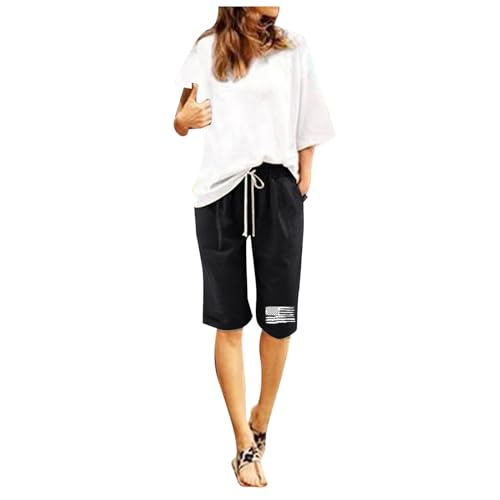 Shorts für Damen, hohe Taille, flexibel, kurzer Gürtel, Bootcut, Bike-Reißverschluss, hohe Taille, Oversize, normale Passform, Schwarz , M