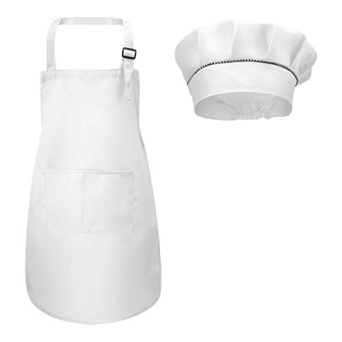 Fodlon Kinder Schürze und Kochmütze Set, Verstellbare Kinder Kochschürze Kinderschürze zum Bemalen Schürze Küchenschürze Bastelschürzen mit Taschen zum Kochen Backen Malen 4-12 Jahre alt Weiß,L