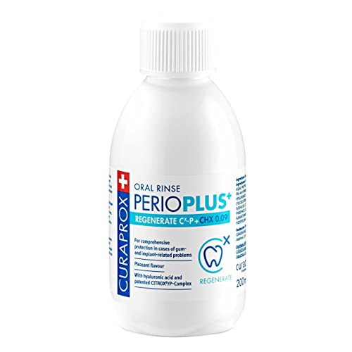 Curaprox Perio plus Regenerate, CITROX Mundspülung mit angenehmem Geschmack gegen Mundgeruch und Entzündungen, mit 0,09% Chlorhexidin und Hyaluronsäure, ohne Alkohol, 200 ml