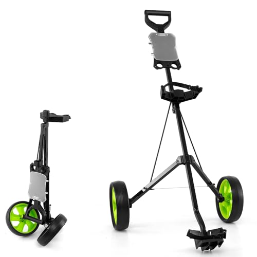 LIFEZEAL 2 Rad Golftrolley Klappbar, Golfwagen mit Anzeigetafel, Golf Push Cart aus Eisen, Golfkart mit Verstellbarer Gurt, Golfcaddy mit Fußbremse (Grün)