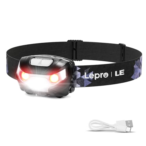 LE Stirnlampe LED Wiederaufladbar, USB Kopflampe mit Rotlicht& 5 Lichtmodi, IPX4 Wasserdichte Mini Stirnlampe für Kinder Erwachsene, Superhell Headlight für Angeln Laufen Camping [inkl. USB Kabel]