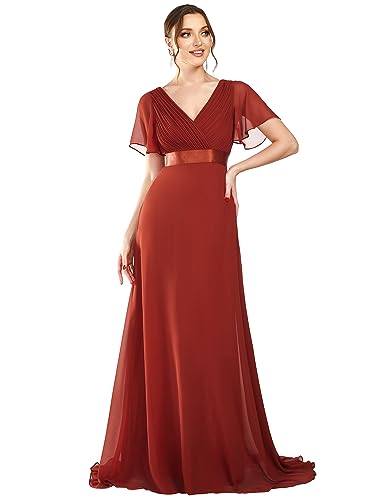 Ever-Pretty Damen Abendkleid Frau A-Linie Chiffon Brautjungfernkleid V Ausschnitt Hochzeit Vermilion 40