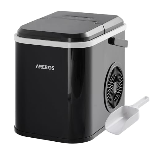 Arebos Eiswürfelmaschine 12 kg/24h | Ice Cube Maker R600a | 8 Eiswürfel in 10 Min | 1,1L Tank | Selbstreinigend & Leise | inkl. Schaufel & Behälter | Eiswürfelbereiter mit Sichtfenster | Schwarz