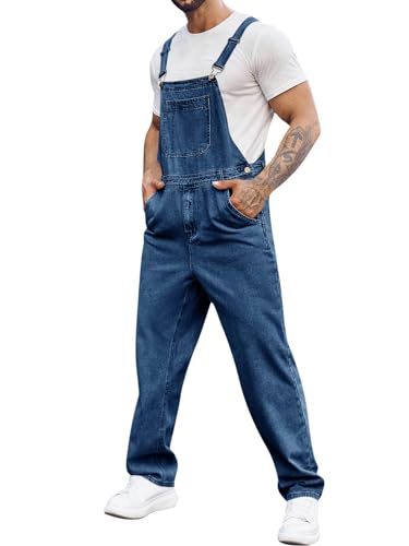 Runcati Herren Denim Latzhose Jeans Arbeitshose Sommer Streetwear Jeanshose Casual Verstellbare Träger Jumpsuit Dunkelblau, L