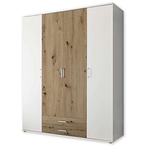 MARBURG Kleiderschrank in Weiß, Artisan Eiche Optik - Vielseitiger Drehtürenschrank 4-türig für Ihr Schlafzimmer - 160 x 196 x 54 cm (B/H/T)