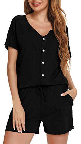 Vlazom Damen Schlafanzug Kurzarm Pyjama Set mit Knöpfe V-Ausschnitt Sleepwear Sommer Nachtwäsche(L,Stil B-Schwarz)