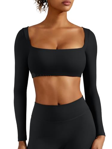 ZAAYO Langarm Crop Top Damen Langarm Gym Top Sport Oberteil Mit Eingebautem BH Basic Langarmshirt Damen Longsleeve Shirt mit Quadratischem Ausschnitt Schwarz S