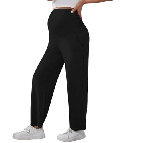 Hosen für Schwangere Damen Umstandshose Sommer Jogginghose Lang Schwangerschaft Schlafanzug Pyjama Yoga Umstandsmode Hose Sporthose Schwangerschaftshose Umstandsjogginghose Schwarz M