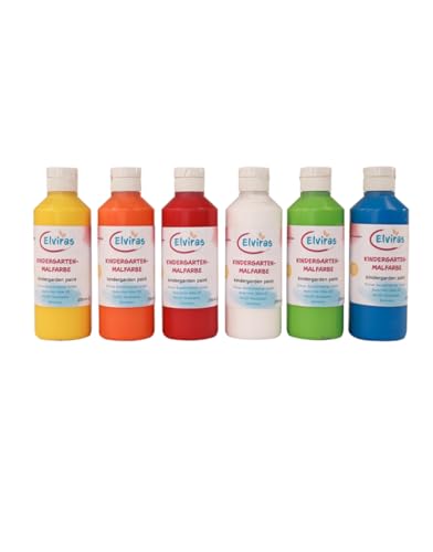 Elviras Fingermalfarbe Set - 6 x 250ml Grundfarben mit Dosierpumpen, glutenfrei, allergenfrei, abwaschbar, ideal für Kindergarten & Schule