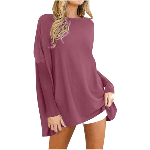 Blitzangebote des Tages Langarmshirt Damen Einfarbig Pullover Elegant Oberteile Lang Rundhals Bluse Winter Lockere Pulli Große Größen Tunika Leichte Longbluse Bequemer Shirt Essentials