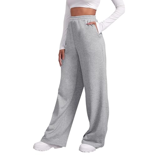 QWUVEDS Damen-Jogginghose mit Fleece-Futter, breite, gerade Beinhose, Jogginghose, Joggerhose, Workout, hohe Taille, Yogahose mit Taschen Damen Hose Schwarz Elegant (24-0309A-Silver, M)