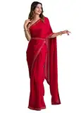 TRENDMALLS Damen Moos Chiffon Heavy Siroski Diamant Arbeit Saree mit Gürtel, Rot, 5.5 Mtr