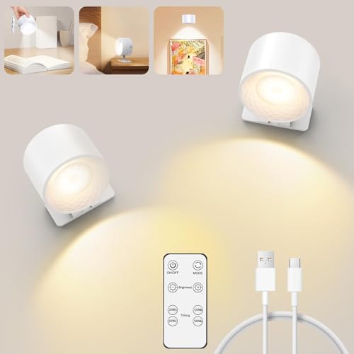 LED Wandleuchte Innen, 2200mAh Akku Wandleuchte Kabellos 3 Farbmodi 10 Helligkeitsstufen Wandlampe Innen 360° Drehbare Wandbeleuchtung Ohne Stromanschluss für Wohnzimmer Schlafzimmer Flur 2 Stück