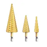 Flintronic HSS Stufenbohrer Set 3tlg, Hex Shank Stufenbohrer 4-12 mm/4-20mm/4-32mm Dreieckiger Metallbohrer, Kegelbohrer Titanbeschichtet Schälbohrer Für Metall, Messing, Holz, Kunststoff - Gold