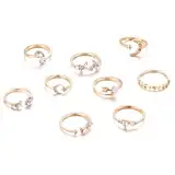 AORHOFJ 9 Stück Herz Schmetterling Stern und Mond Strass Set, Knöchel Ring Set, Damen Mädchen Stacking Ringe Vintage Bohème Ringe, Ring Sets Finger Ringe für Männer und Frauen