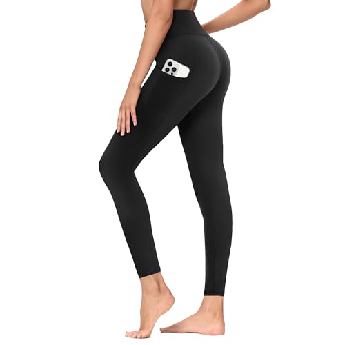 TNNZEET Leggings Damen High Waist mit Taschen Blickdicht Bauchweg Hosen Weiche Elastische Yogahose Fitness Gym Laufhose Schwarz L-XL