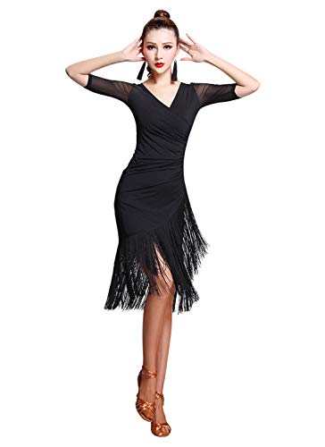Z&X Ballsaal-Tanzkostüm für Damen, V-Ausschnitt, plissiert, lang, Fransen, Tango, Salsa, Latein-Tanzkleid mit Shorts, Schwarz, Mittel