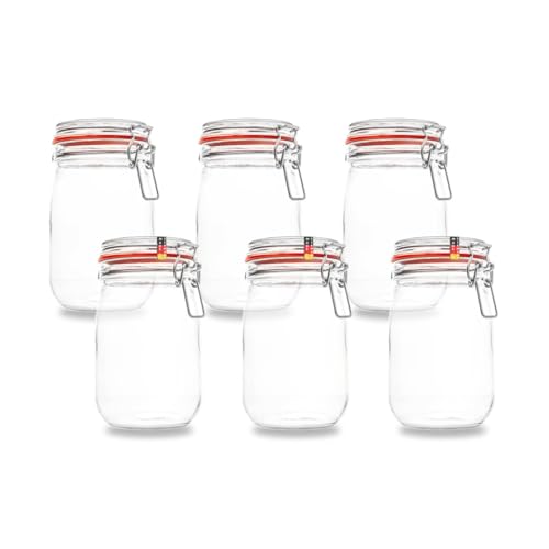 BAUER Flaschenbauer- 6 Drahtbügelgläser 1140ml verwendbar als Einmachglas und Fermentierglas, zu Aufbewahrung, Gläser zum Befüllen - Made in Germany